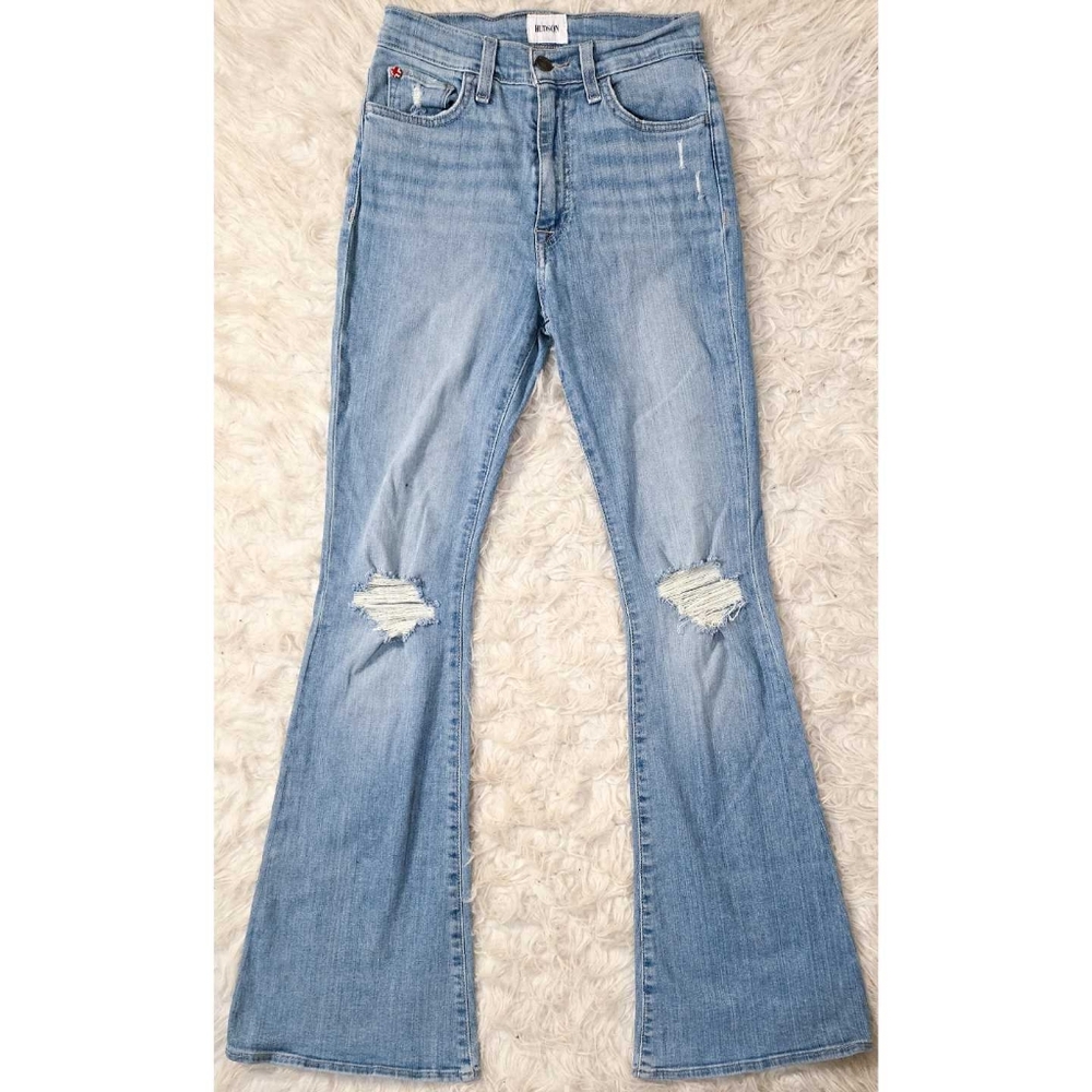 Hudson Heidi Flare Jeans Light Wash Distressed Knee Rips Denim